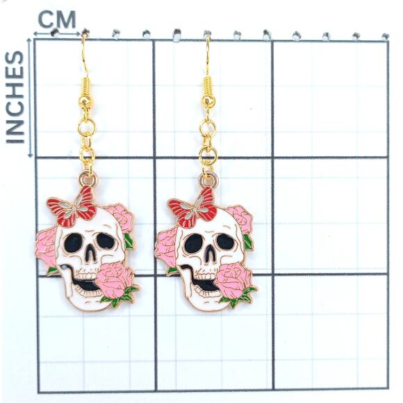 Pink Rose Skull Earrings with Butterfly 💀🌸🦋 - Picture 3 of 4